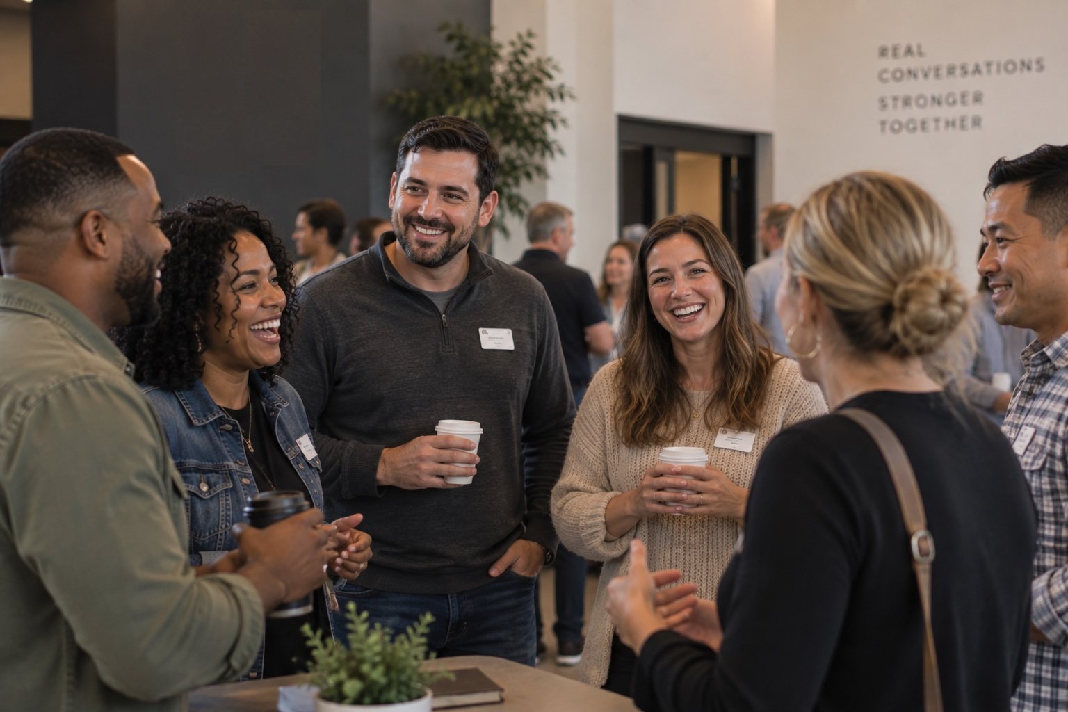 Couples laughing together over coffee at a church gathering